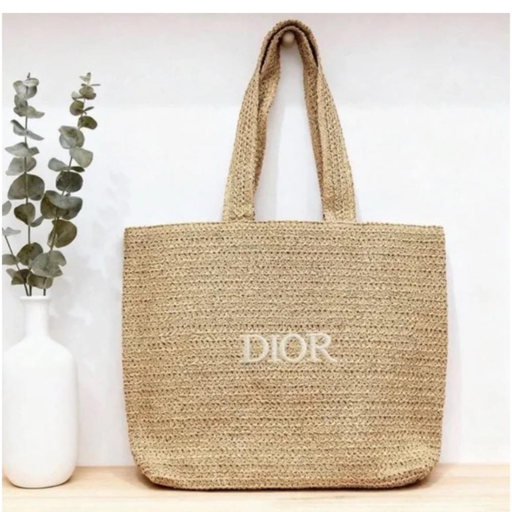 Authentic Dior Natural Raffia Tote with Embroidered Logo - Picture 2 of 8